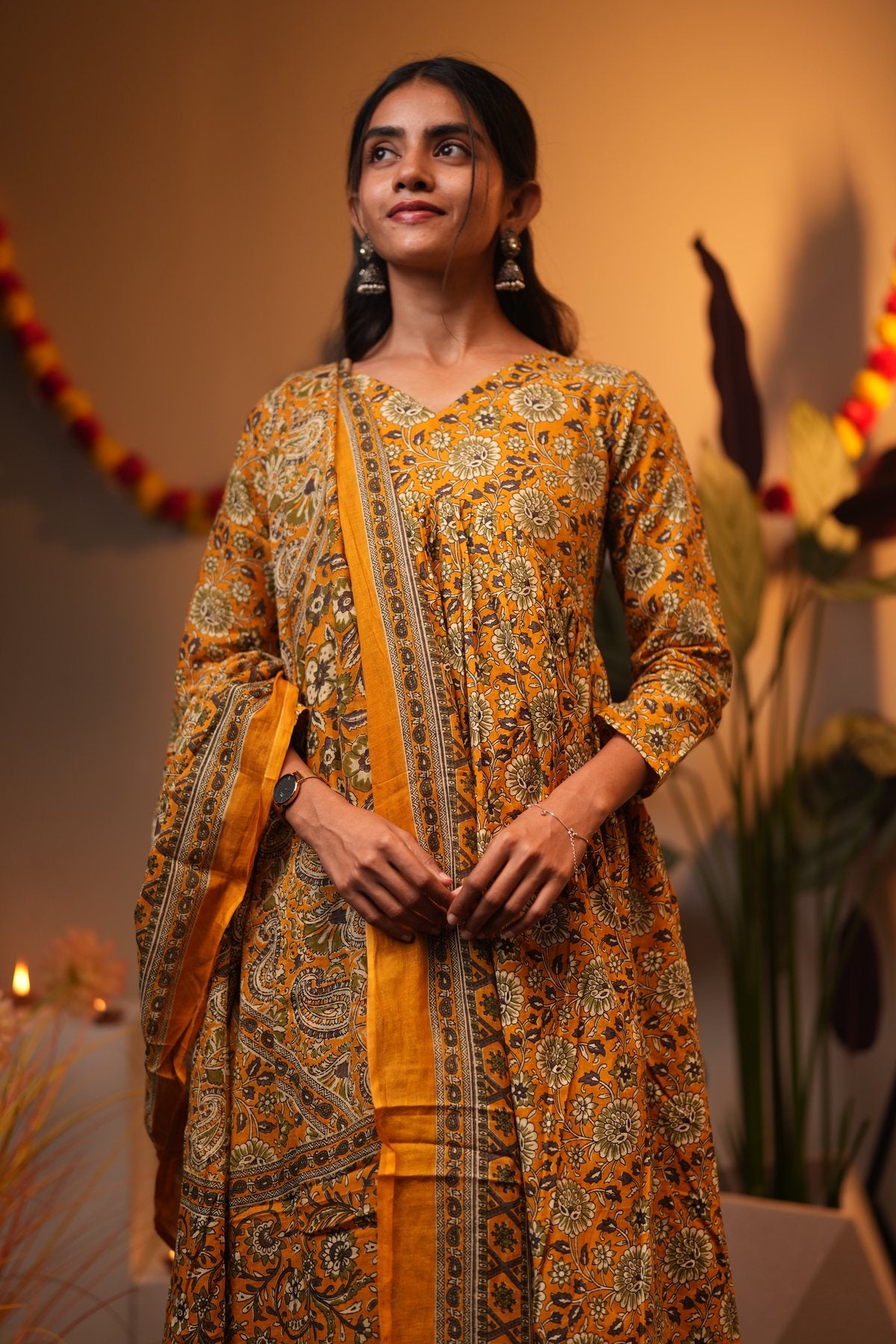 Mustard Floral Cotton Alia Cut Suit Set