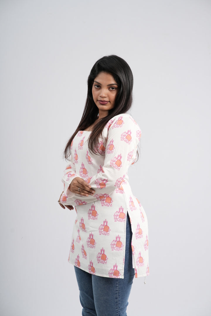 Off-White and Pink Floral Pot Cotton Short Kurti