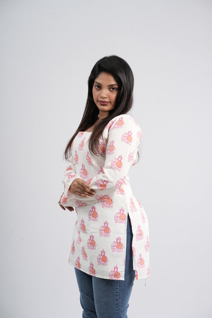 Off-White and Pink Floral Pot Cotton Short Kurti