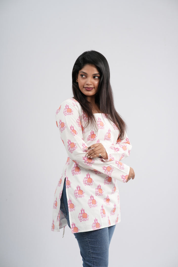 Off-White and Pink Floral Pot Cotton Short Kurti