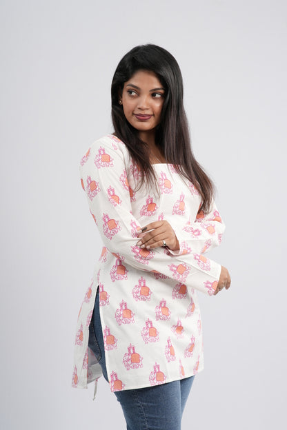 Off-White and Pink Floral Pot Cotton Short Kurti
