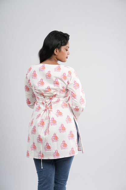 Off-White and Pink Floral Pot Cotton Short Kurti