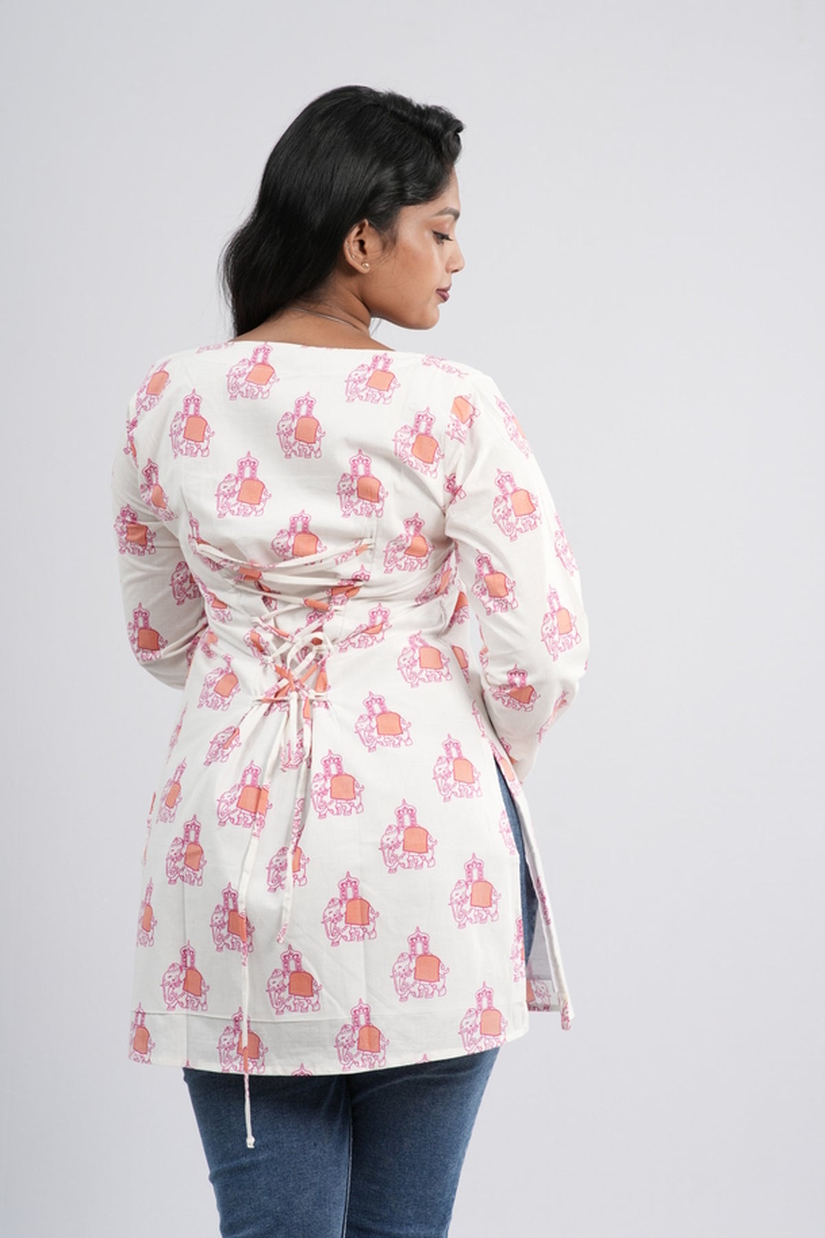 Off-White and Pink Floral Pot Cotton Short Kurti