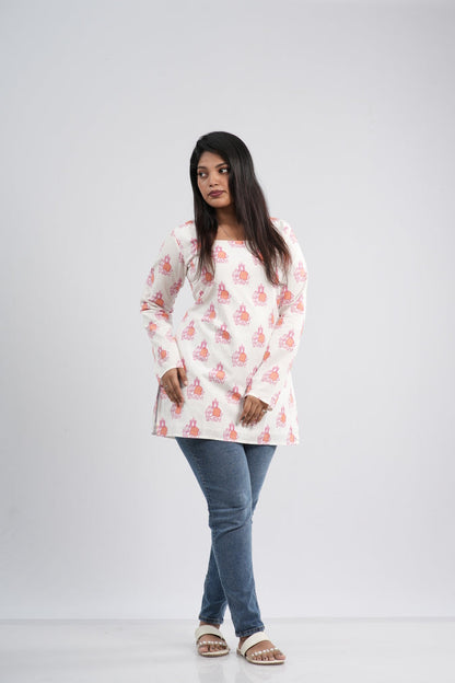 Off-White and Pink Floral Pot Cotton Short Kurti