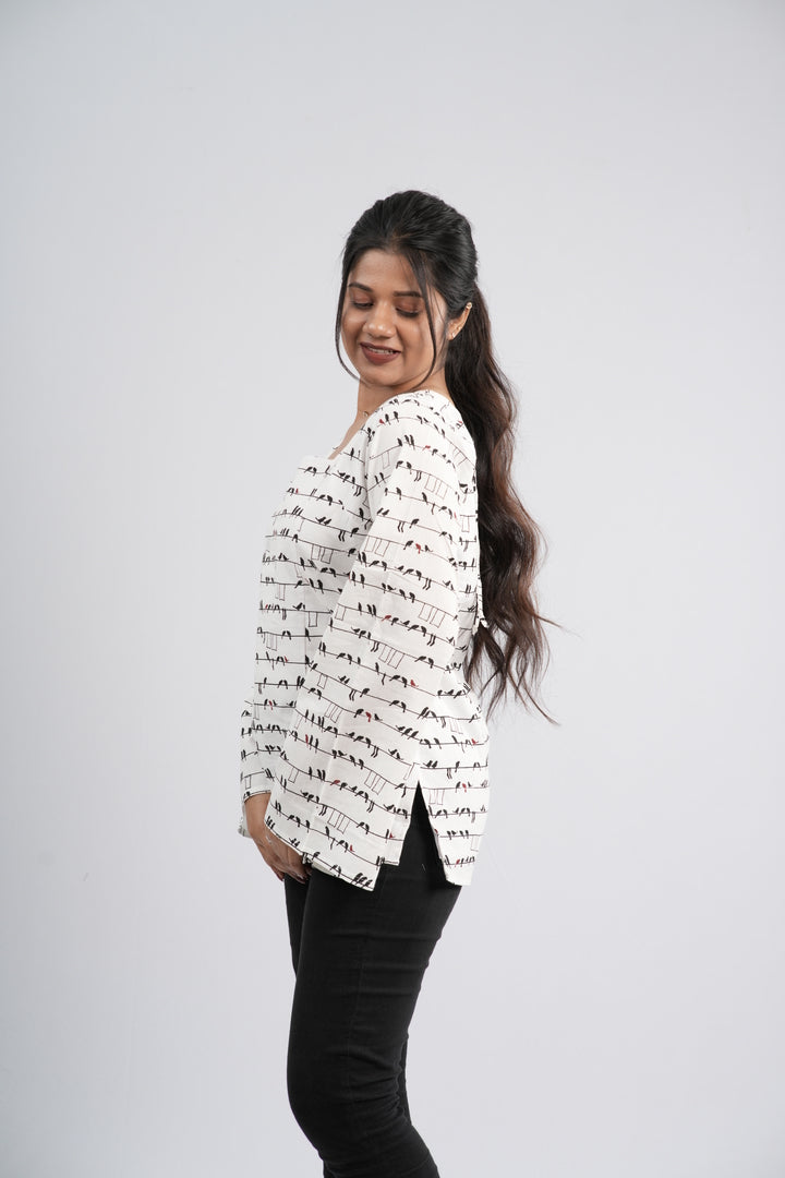 Women's Off-White & Black Abstract Cotton Short Kurti