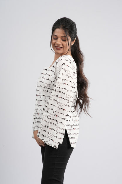 Women's Off-White & Black Abstract Cotton Short Kurti