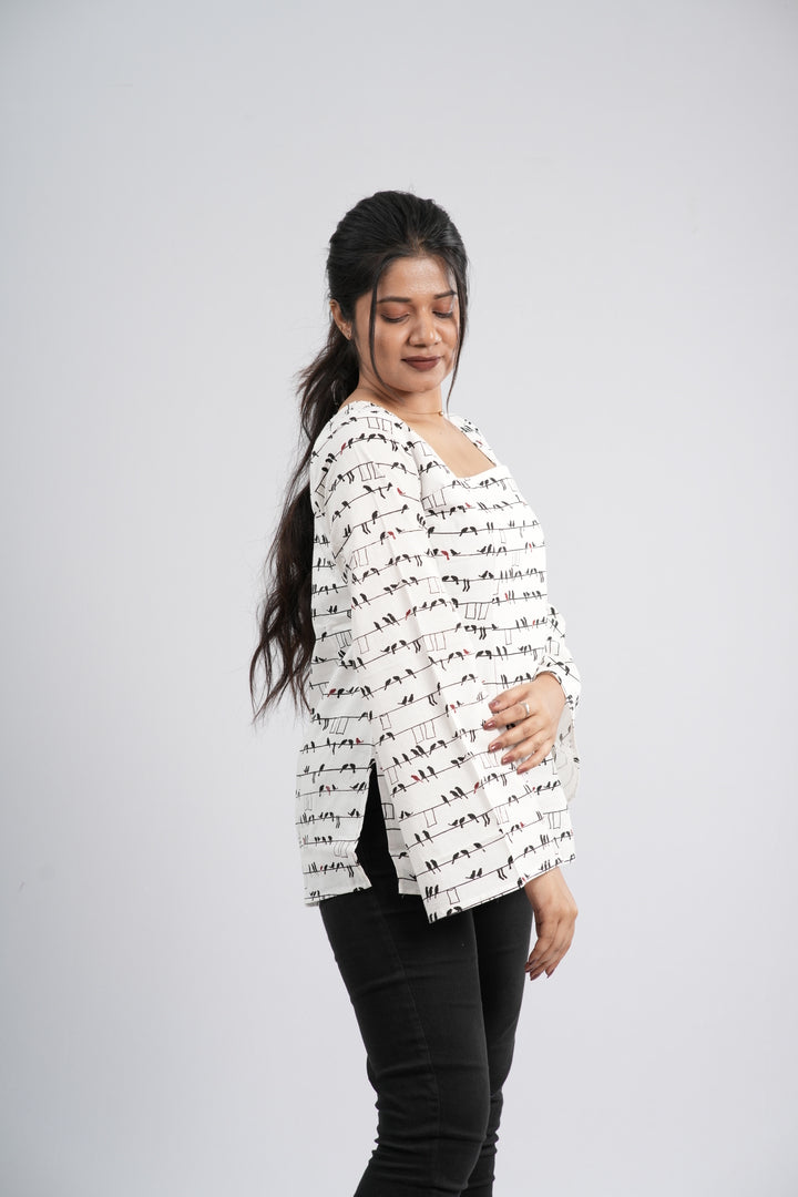 Women's Off-White & Black Abstract Cotton Short Kurti
