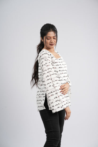 Women's Off-White & Black Abstract Cotton Short Kurti