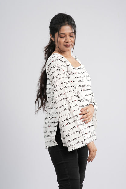 Women's Off-White & Black Abstract Cotton Short Kurti