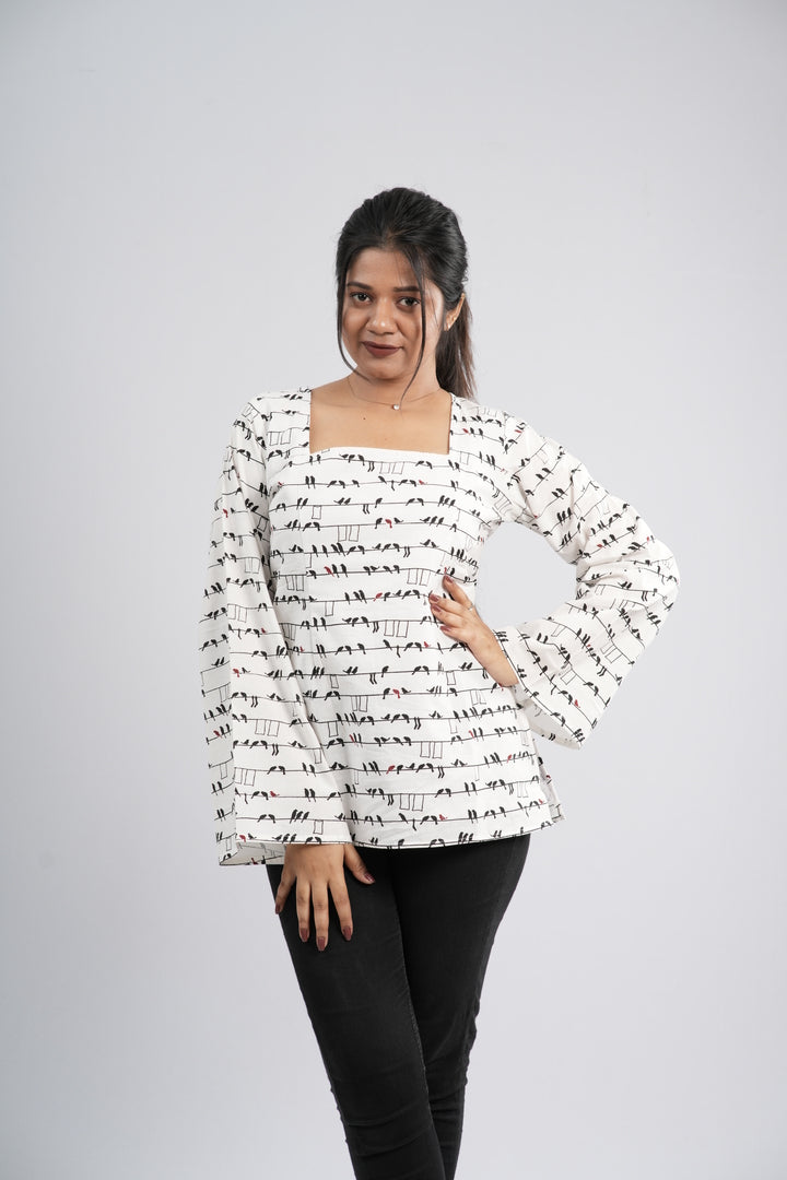 Women's Off-White & Black Abstract Cotton Short Kurti