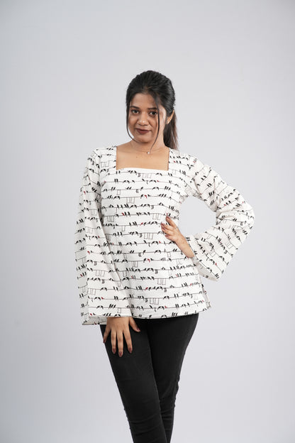 Women's Off-White & Black Abstract Cotton Short Kurti