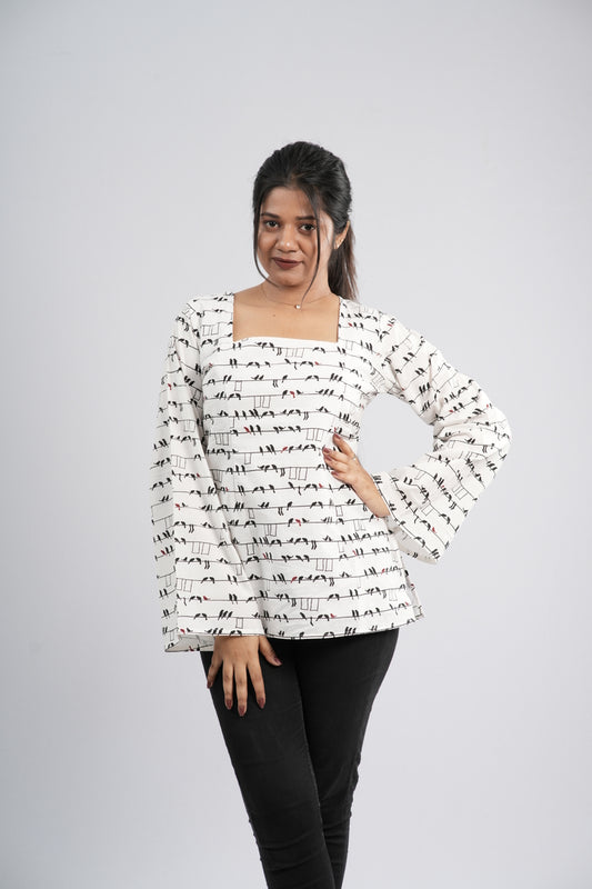 Women's Off-White & Black Abstract Cotton Short Kurti