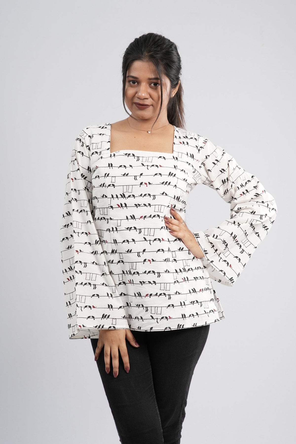 Women's Off-White & Black Abstract Cotton Short Kurti