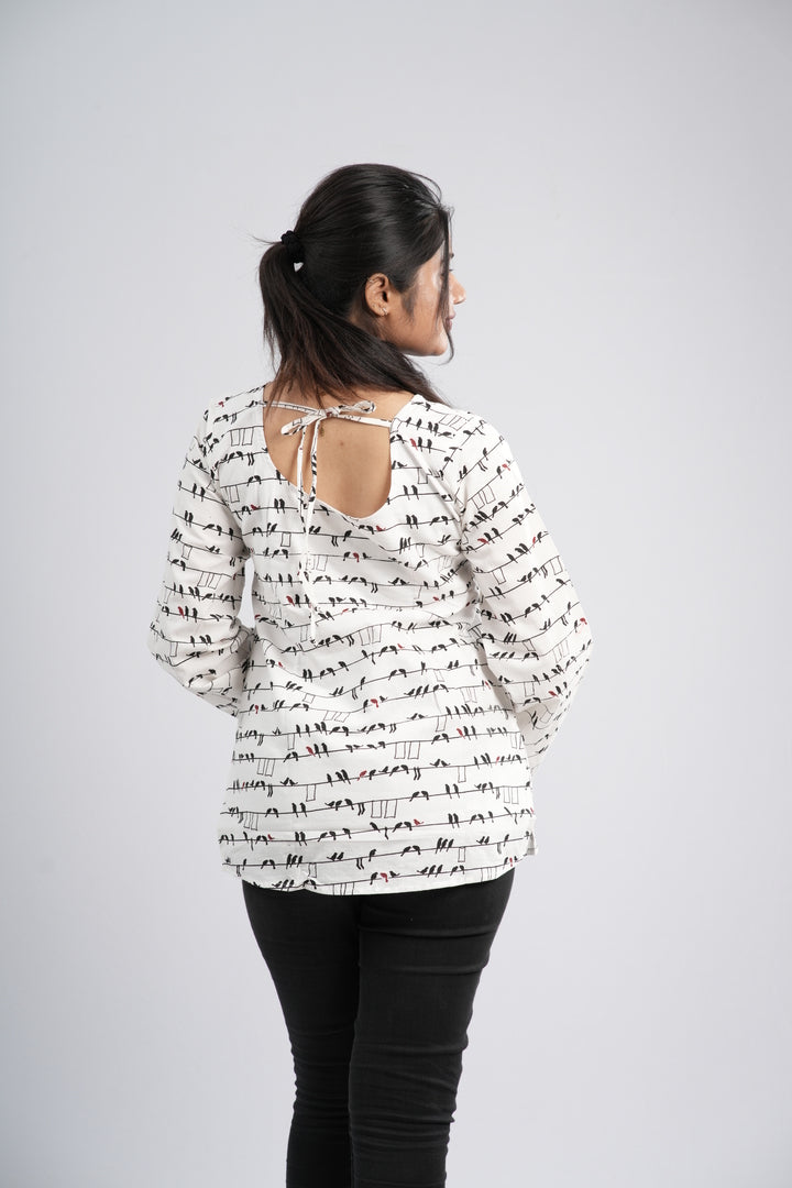 Women's Off-White & Black Abstract Cotton Short Kurti