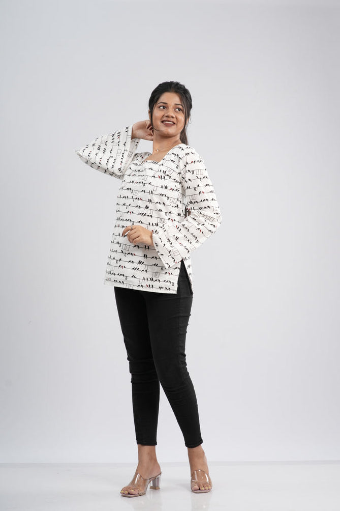 Women's Off-White & Black Abstract Cotton Short Kurti
