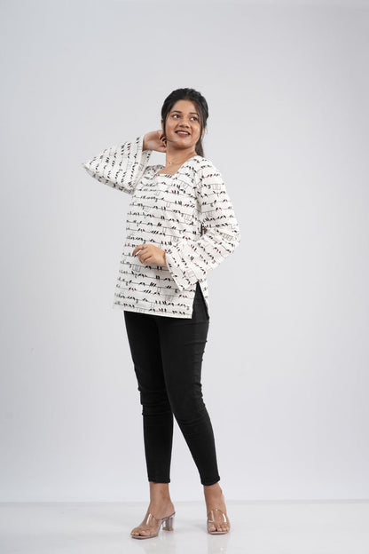 Women's Off-White & Black Abstract Cotton Short Kurti