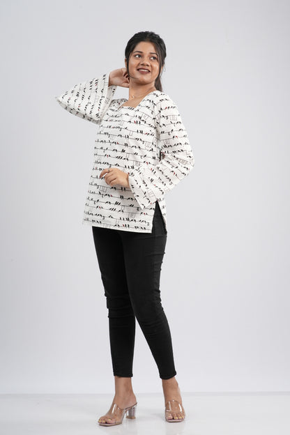 Women's Off-White & Black Abstract Cotton Short Kurti