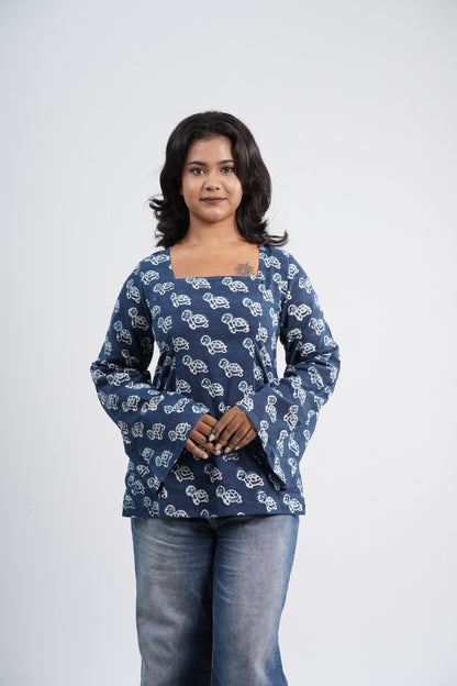 Indigo Blue Floral Boho Handblock Cotton Short Kurti