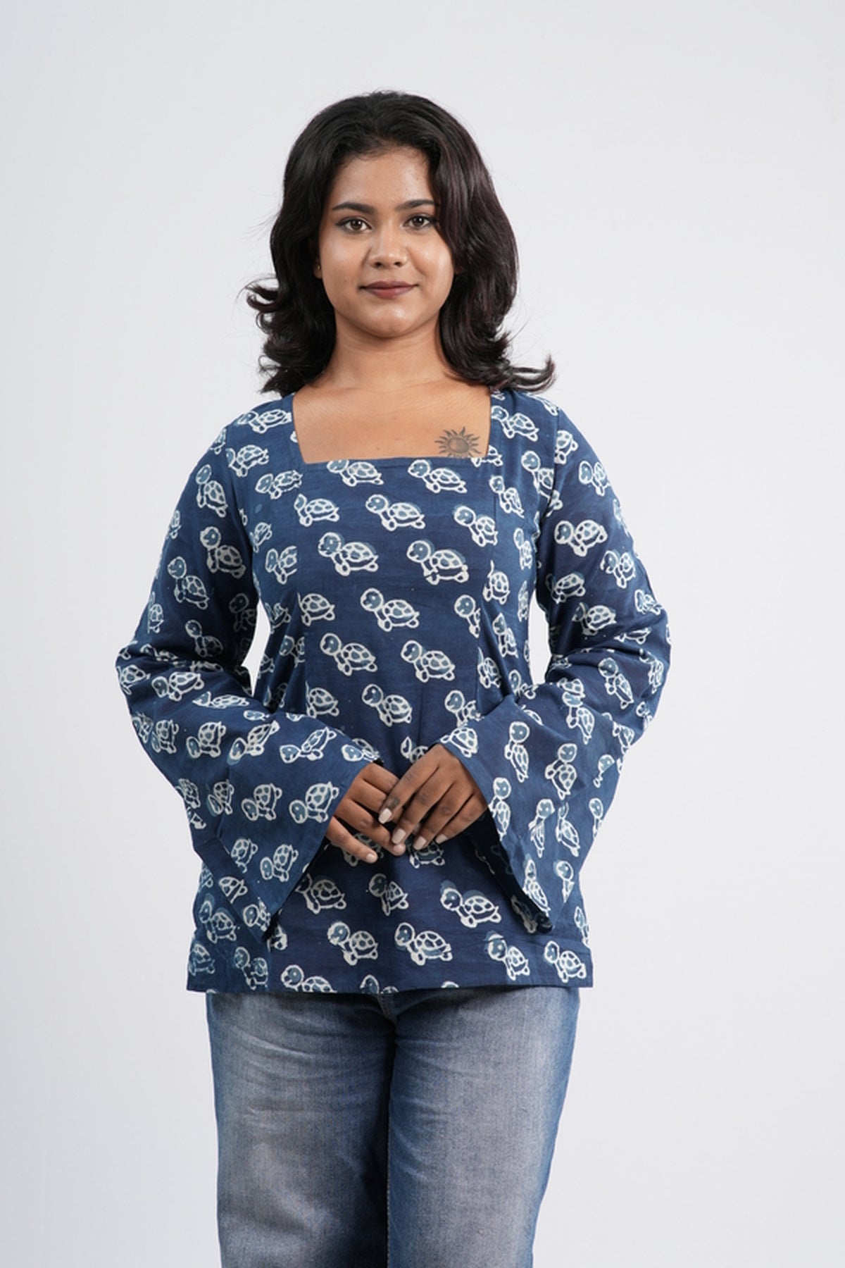 Indigo Blue Floral Boho Handblock Cotton Short Kurti