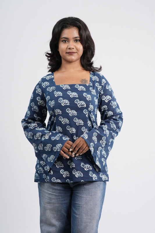 Indigo Blue Floral Boho Handblock Cotton Short Kurti
