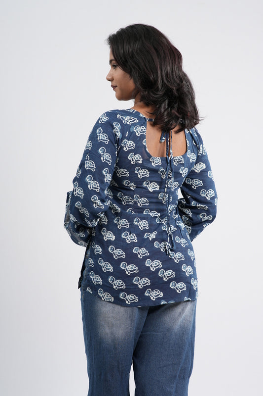 Indigo Blue Floral Boho Handblock Cotton Short Kurti