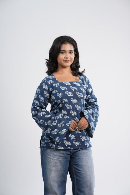 Indigo Blue Floral Boho Handblock Cotton Short Kurti