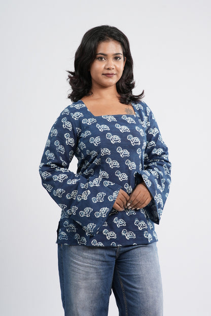 Indigo Blue Floral Boho Handblock Cotton Short Kurti