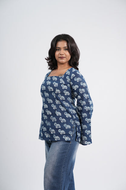 Indigo Blue Floral Boho Handblock Cotton Short Kurti