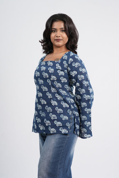 Indigo Blue Floral Boho Handblock Cotton Short Kurti
