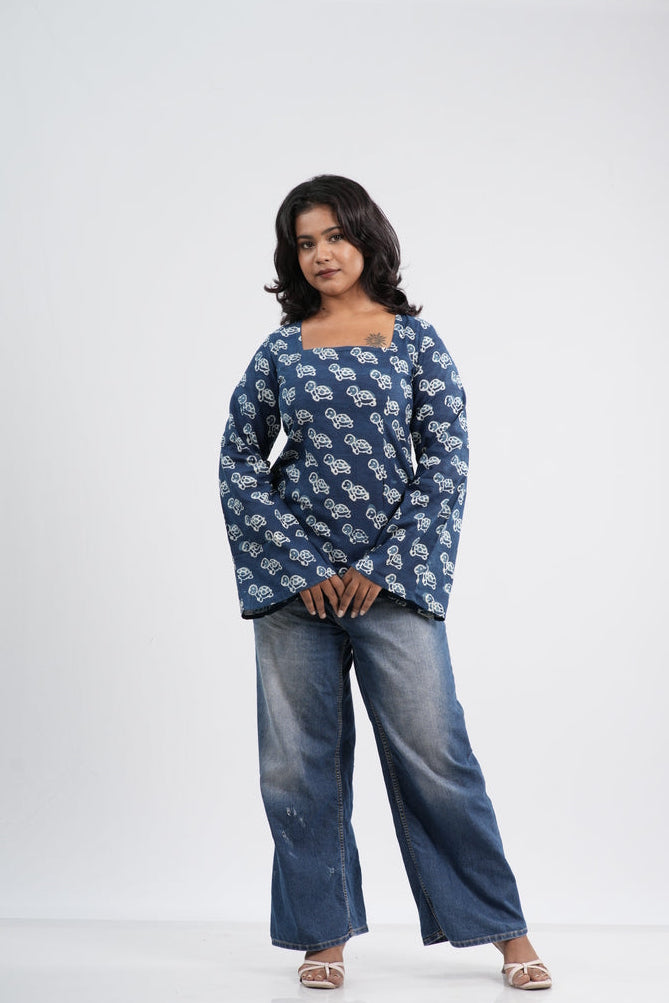 Indigo Blue Floral Boho Handblock Cotton Short Kurti