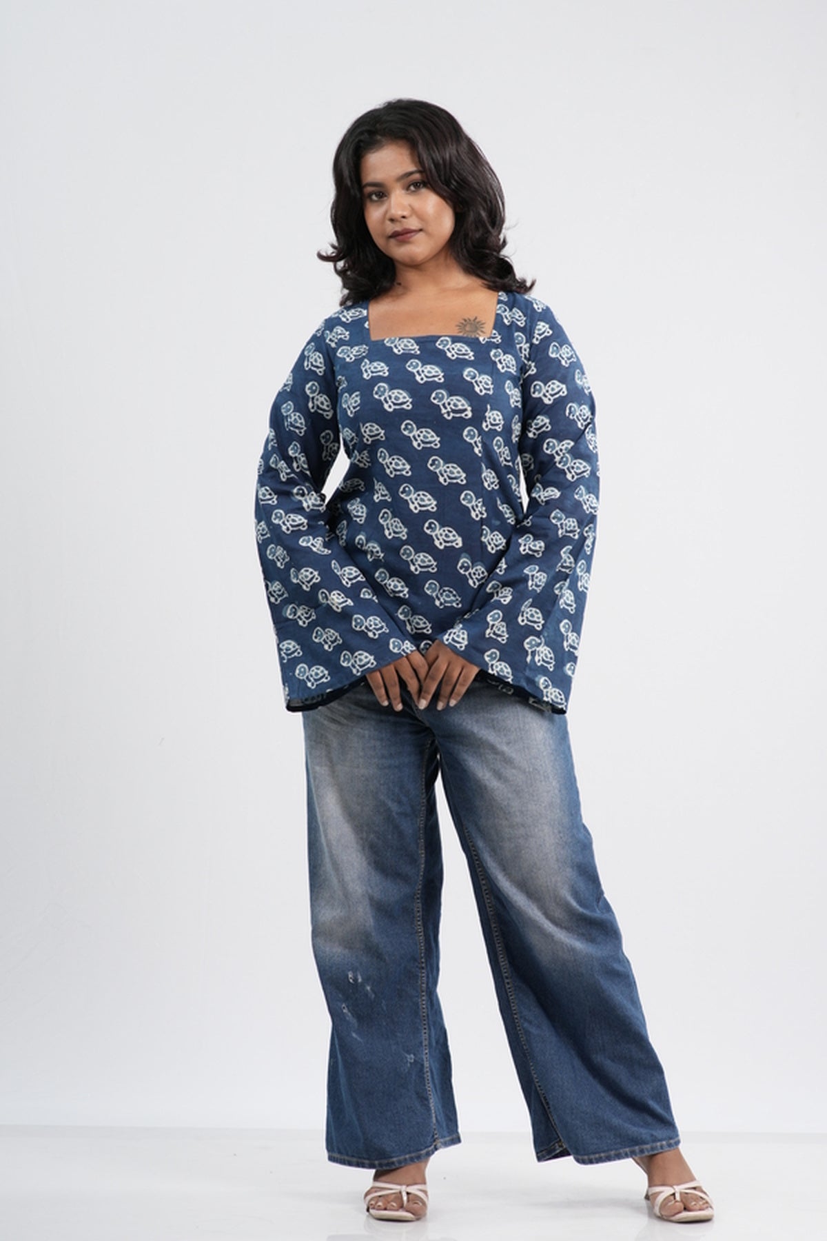 Indigo Blue Floral Boho Handblock Cotton Short Kurti