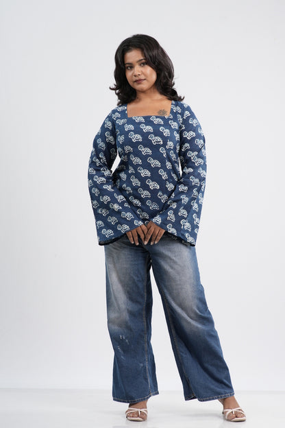 Indigo Blue Floral Boho Handblock Cotton Short Kurti