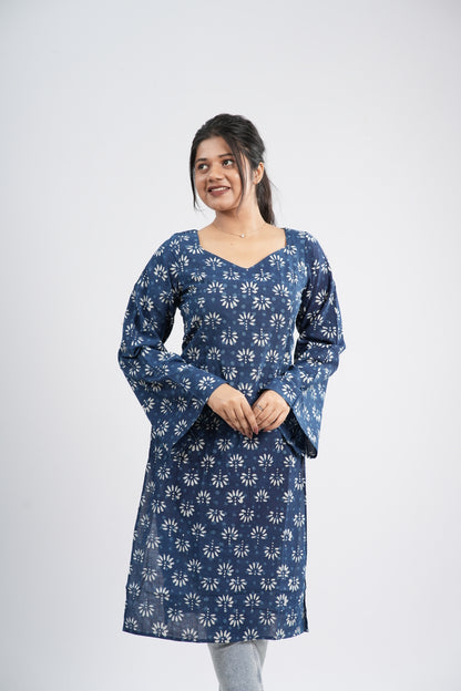 Women's Indigo Blue Floral Buti Handblock Long Kurti