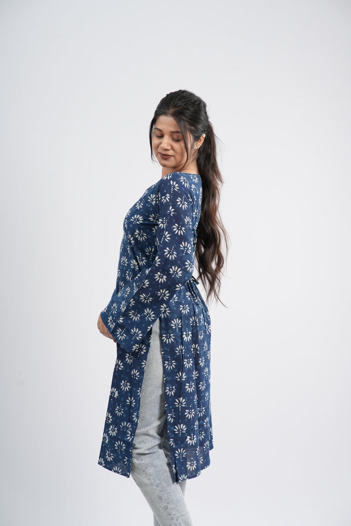 Women's Indigo Blue Floral Buti Handblock Long Kurti