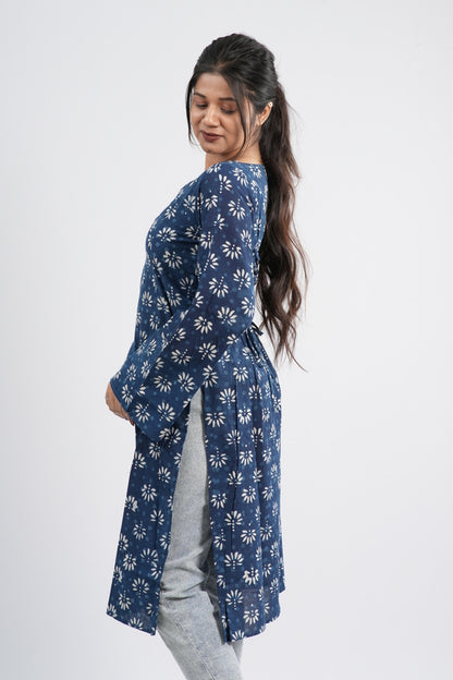 Women's Indigo Blue Floral Buti Handblock Long Kurti
