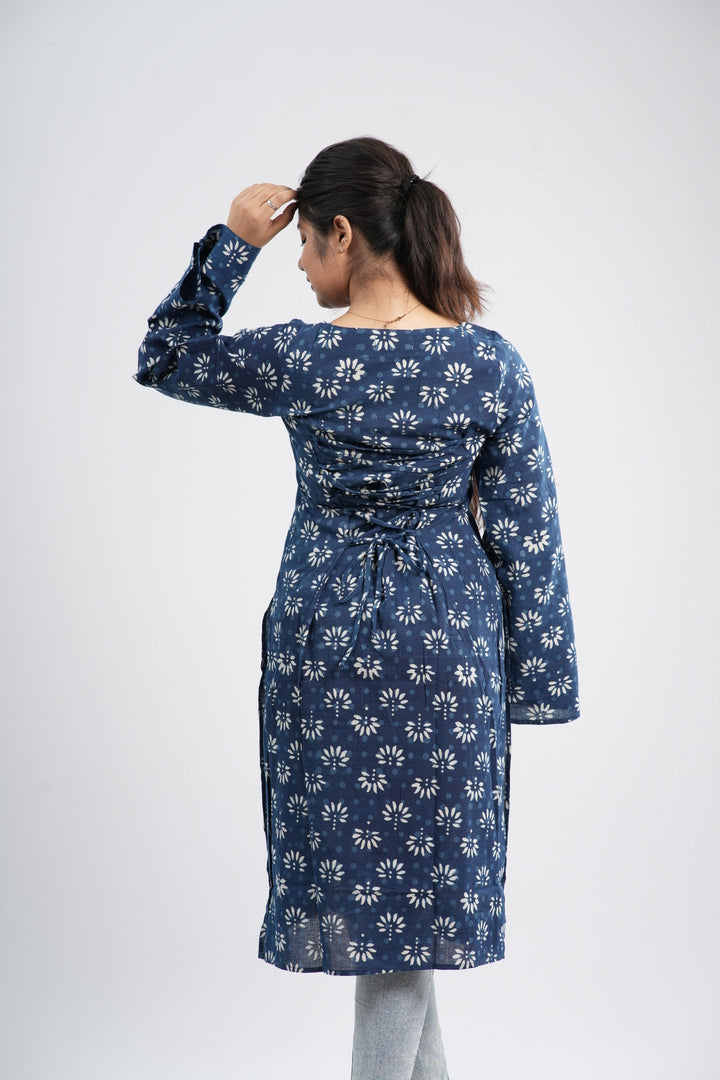 Women's Indigo Blue Floral Buti Handblock Long Kurti
