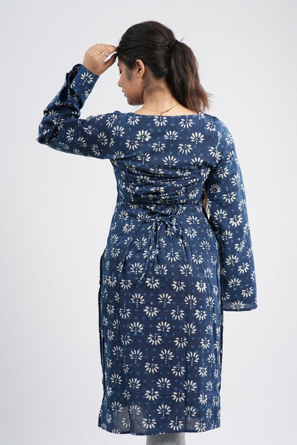 Women's Indigo Blue Floral Buti Handblock Long Kurti