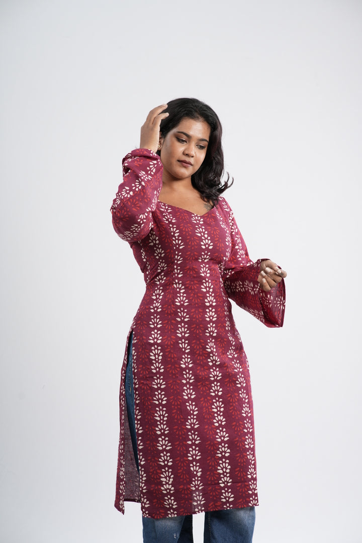 Women's Red & White Floral Vine Handblock Long Kurti
