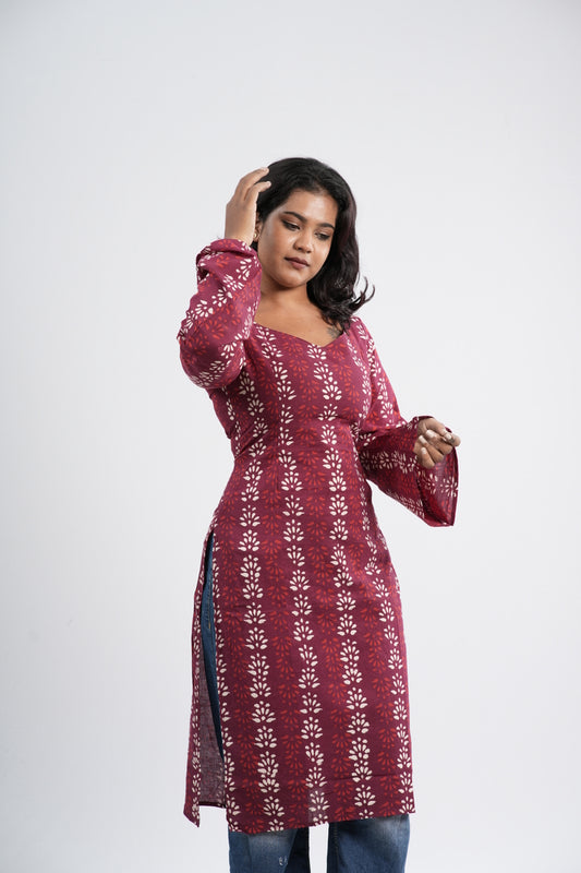Women's Red & White Floral Vine Handblock Long Kurti