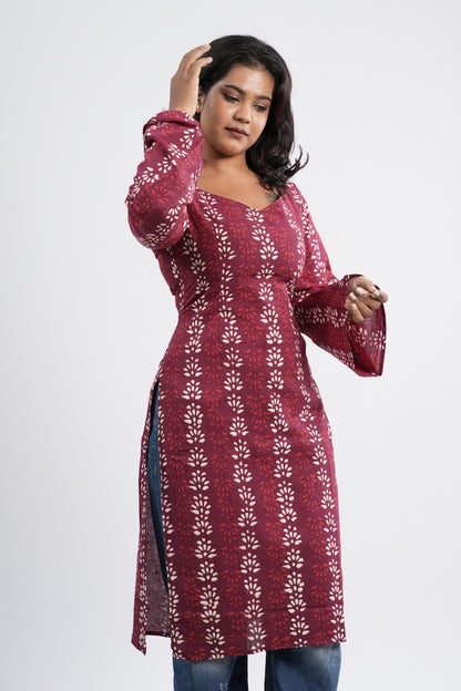 Women's Red & White Floral Vine Handblock Long Kurti