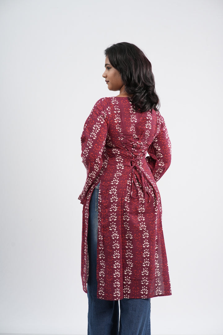 Women's Red & White Floral Vine Handblock Long Kurti