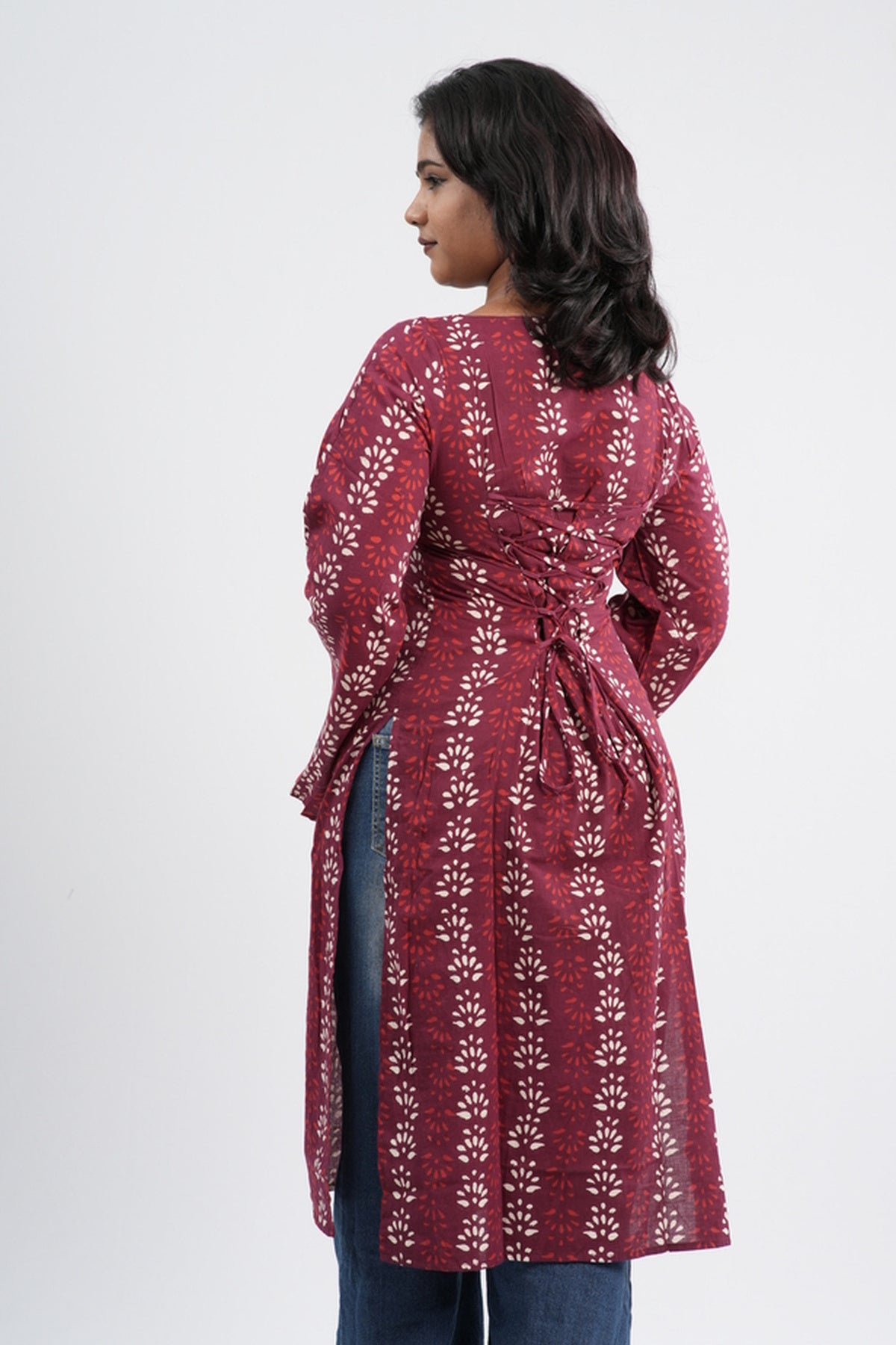 Women's Red & White Floral Vine Handblock Long Kurti