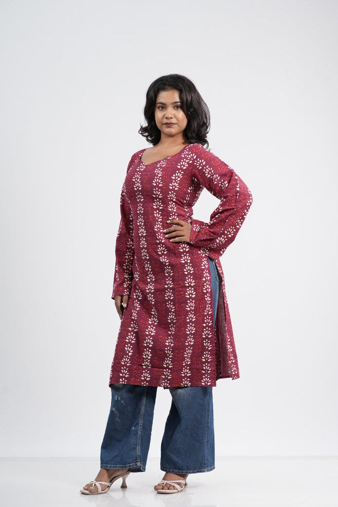 Women's Red & White Floral Vine Handblock Long Kurti