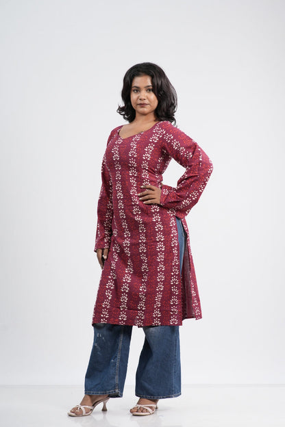 Women's Red & White Floral Vine Handblock Long Kurti
