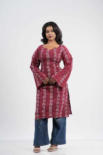 Women's Red & White Floral Vine Handblock Long Kurti