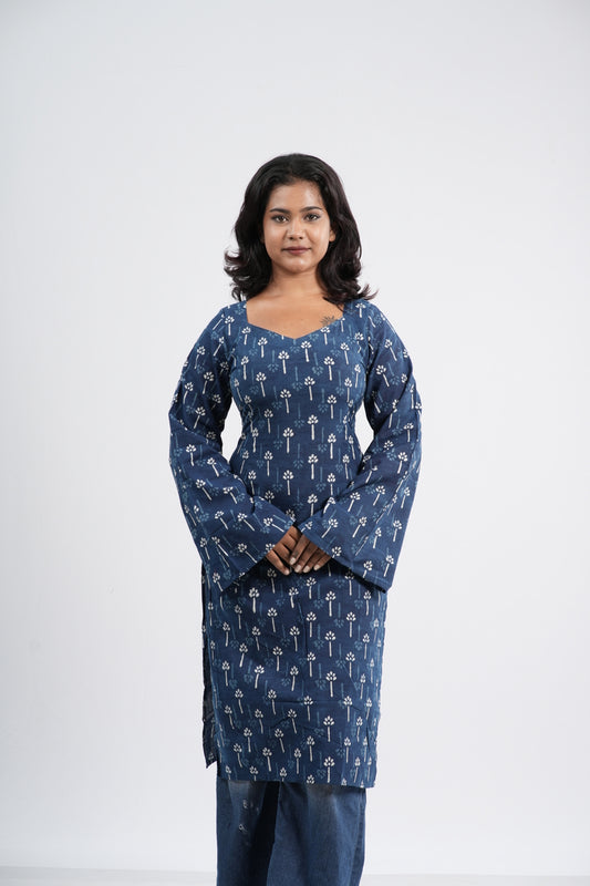 Women's Indigo Blue Floral Clover Handlock Cotton Long Kurti