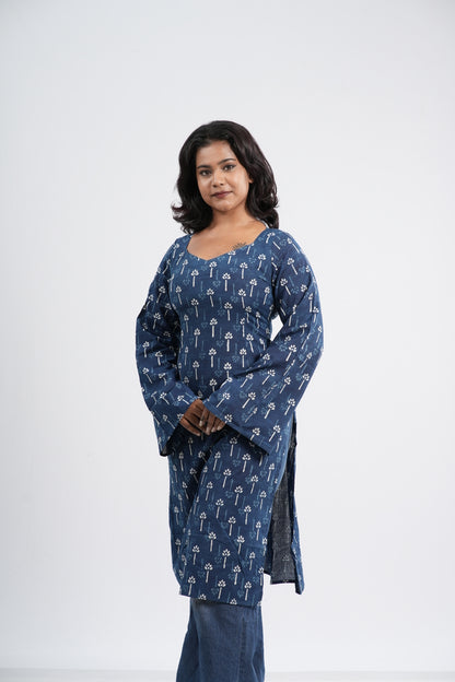 Women's Indigo Blue Floral Clover Handlock Cotton Long Kurti