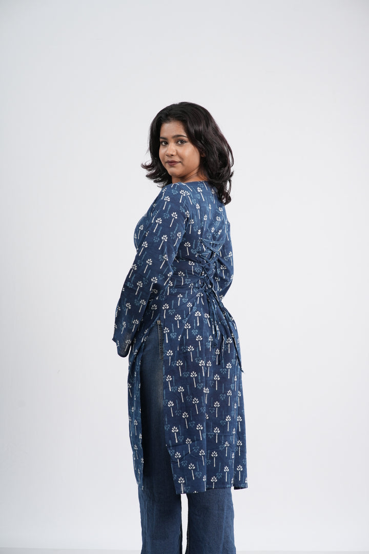 Women's Indigo Blue Floral Clover Handlock Cotton Long Kurti