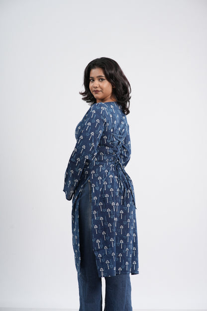 Women's Indigo Blue Floral Clover Handlock Cotton Long Kurti