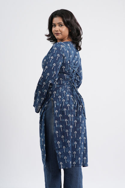 Women's Indigo Blue Floral Clover Handlock Cotton Long Kurti